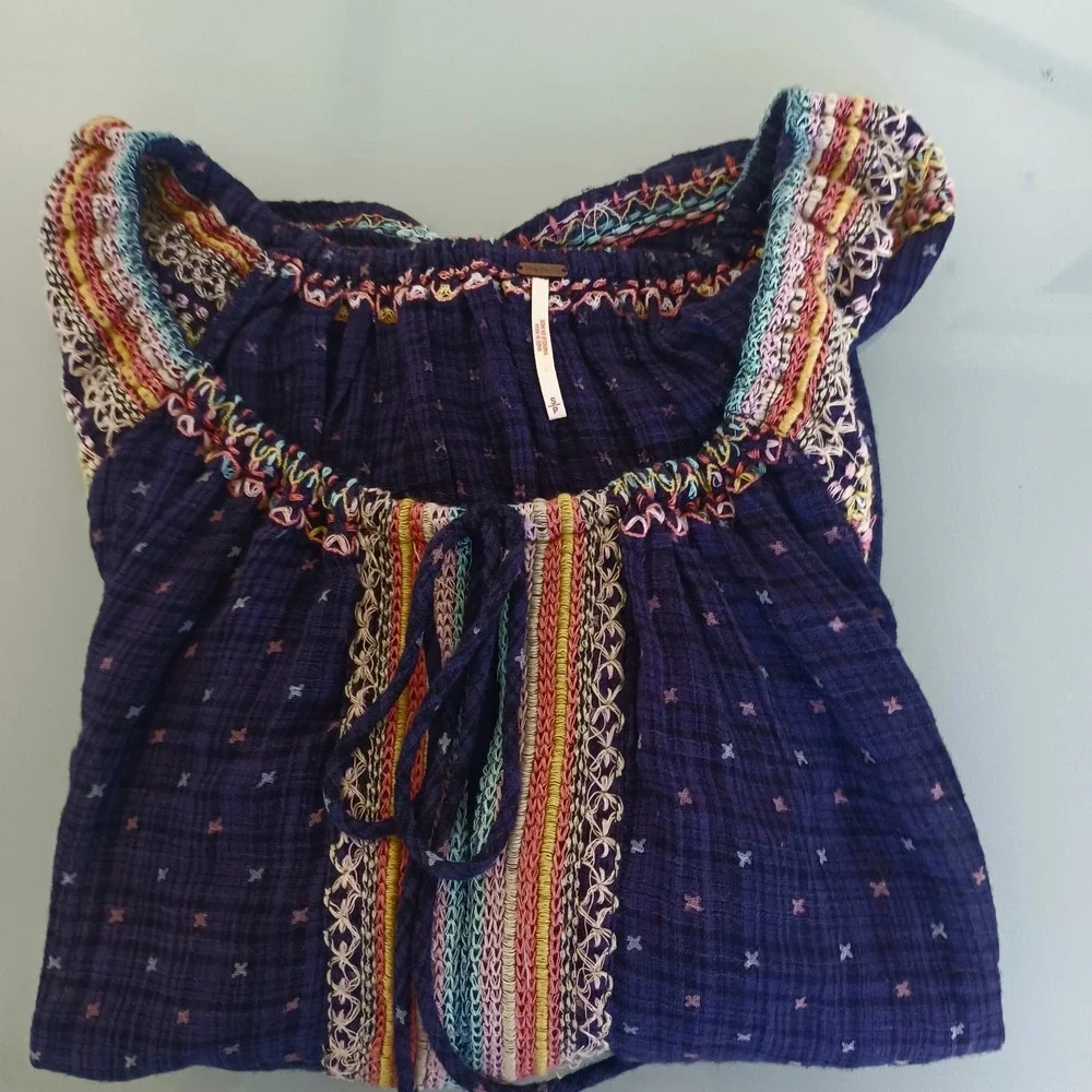 Free People Navy Blue‎ Embroidered Boho Peasant Blouse Bell Sleeve Fits S, M, L
